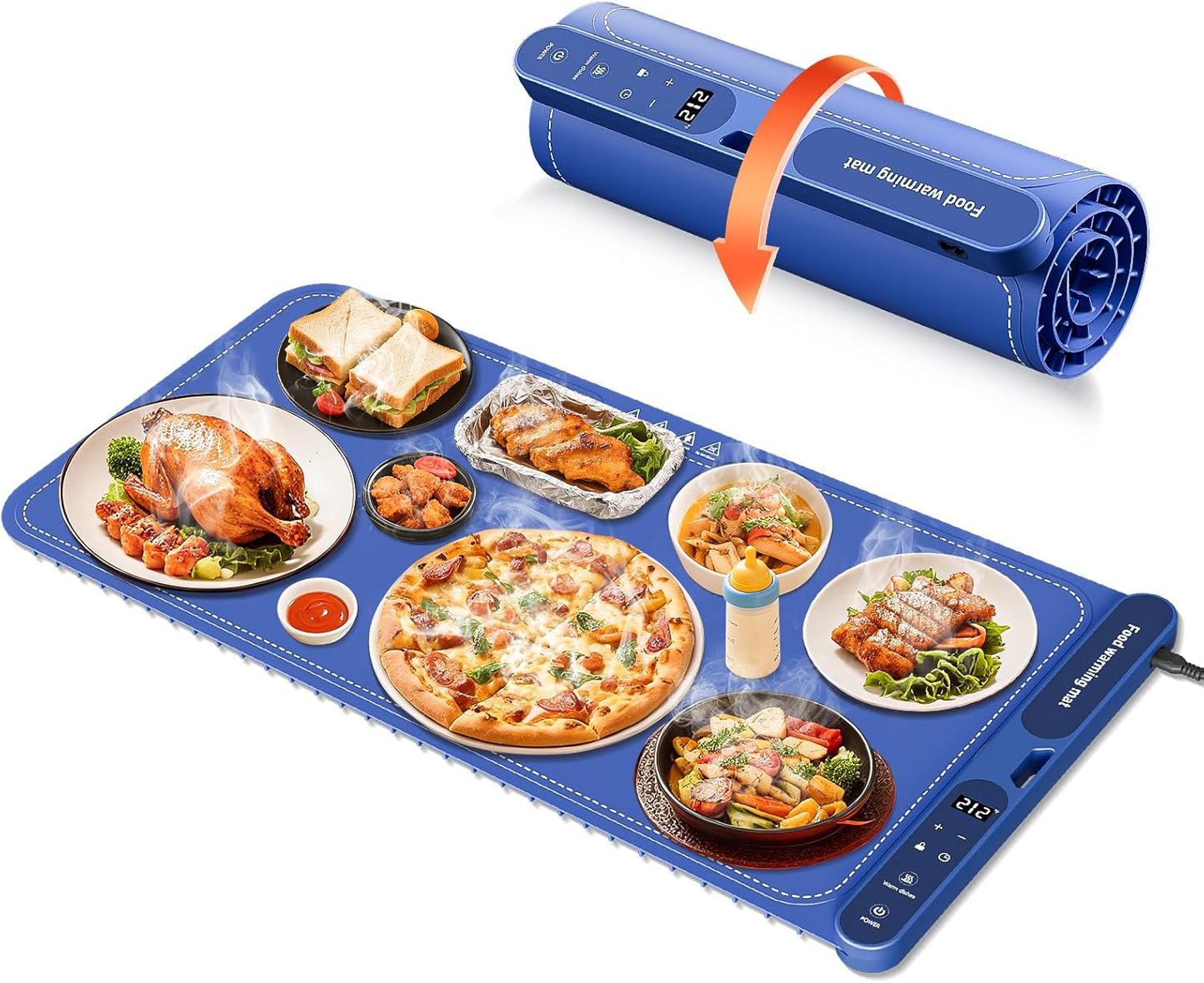 Extra Large Electric Warming Mat 32"x15" – 7 Temp Levels, 8H Timer, Portable Food Warmer (Blue)