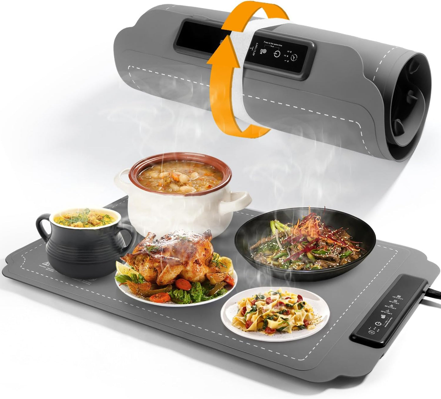 Electric Food Warming Mat with Timer & 4 Temp Levels – Portable, Rollable, Child Lock (Grey)