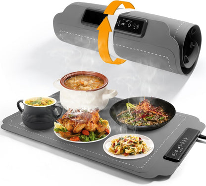 Electric Food Warming Mat with Timer & 4 Temp Levels – Portable, Rollable, Child Lock (Grey)