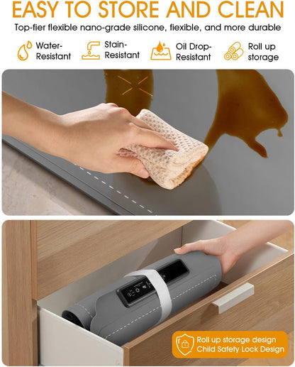 Electric Food Warming Mat with Timer & 4 Temp Levels – Portable, Rollable, Child Lock (Grey)