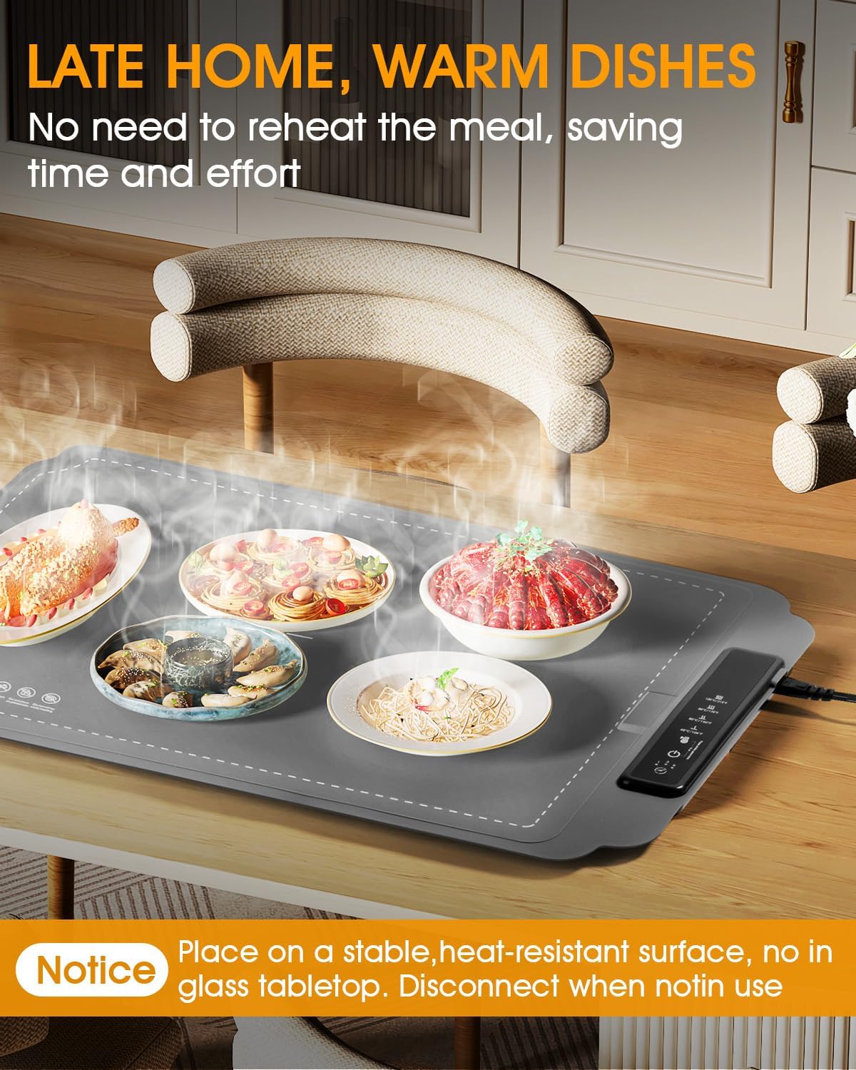 Electric Food Warming Mat with Timer & 4 Temp Levels – Portable, Rollable, Child Lock (Grey)