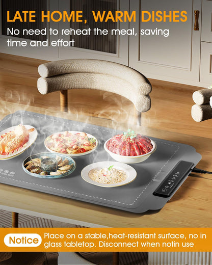 Electric Food Warming Mat with Timer & 4 Temp Levels – Portable, Rollable, Child Lock (Grey)