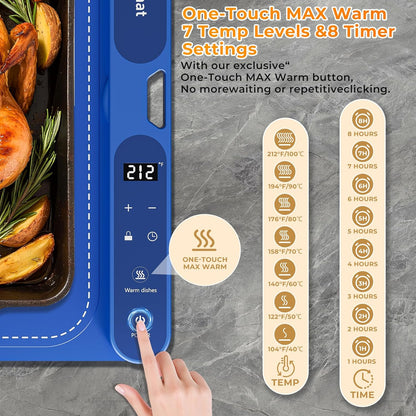 Extra Large Electric Warming Mat 32"x15" – 7 Temp Levels, 8H Timer, Portable Food Warmer (Blue)