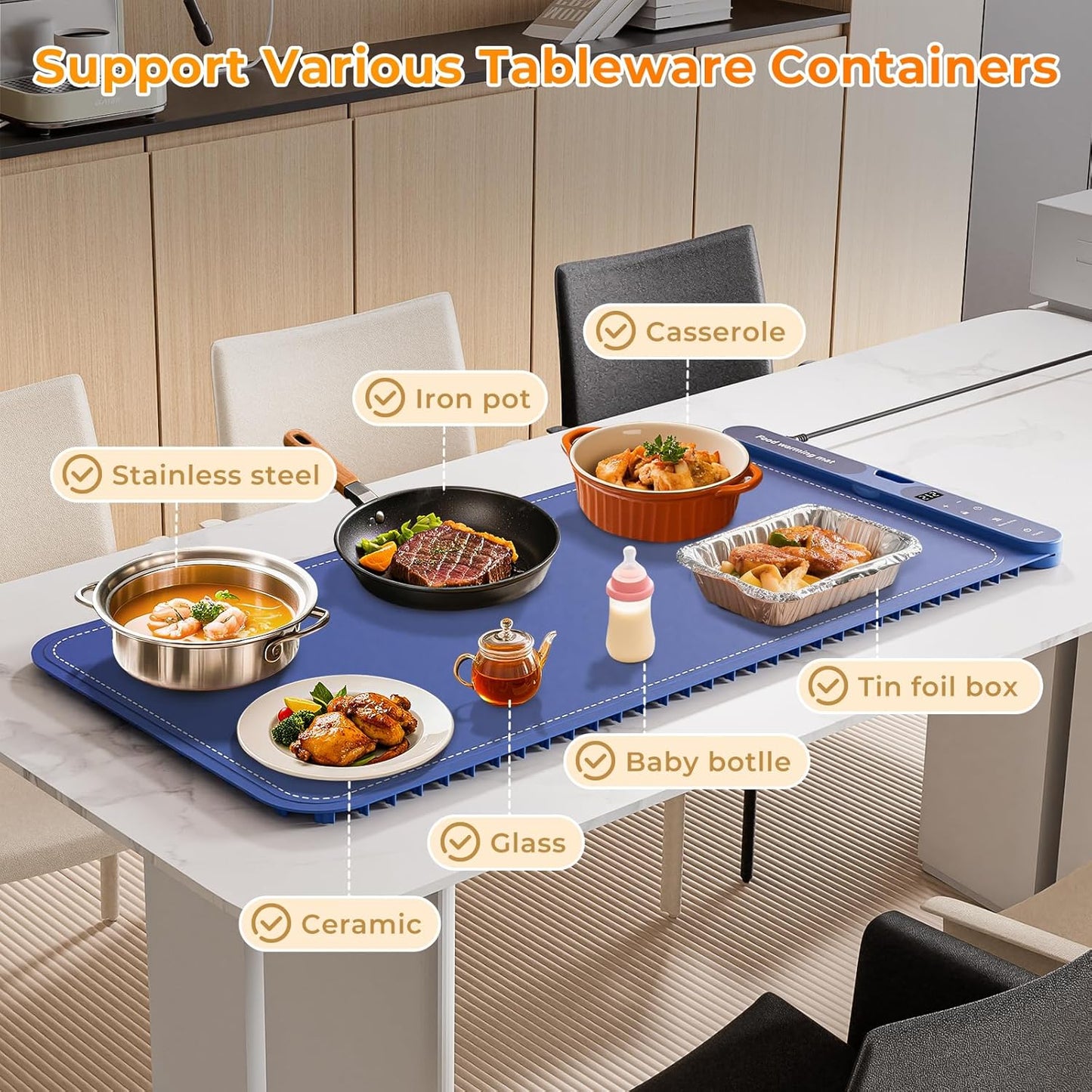 Extra Large Electric Warming Mat 32"x15" – 7 Temp Levels, 8H Timer, Portable Food Warmer (Blue)