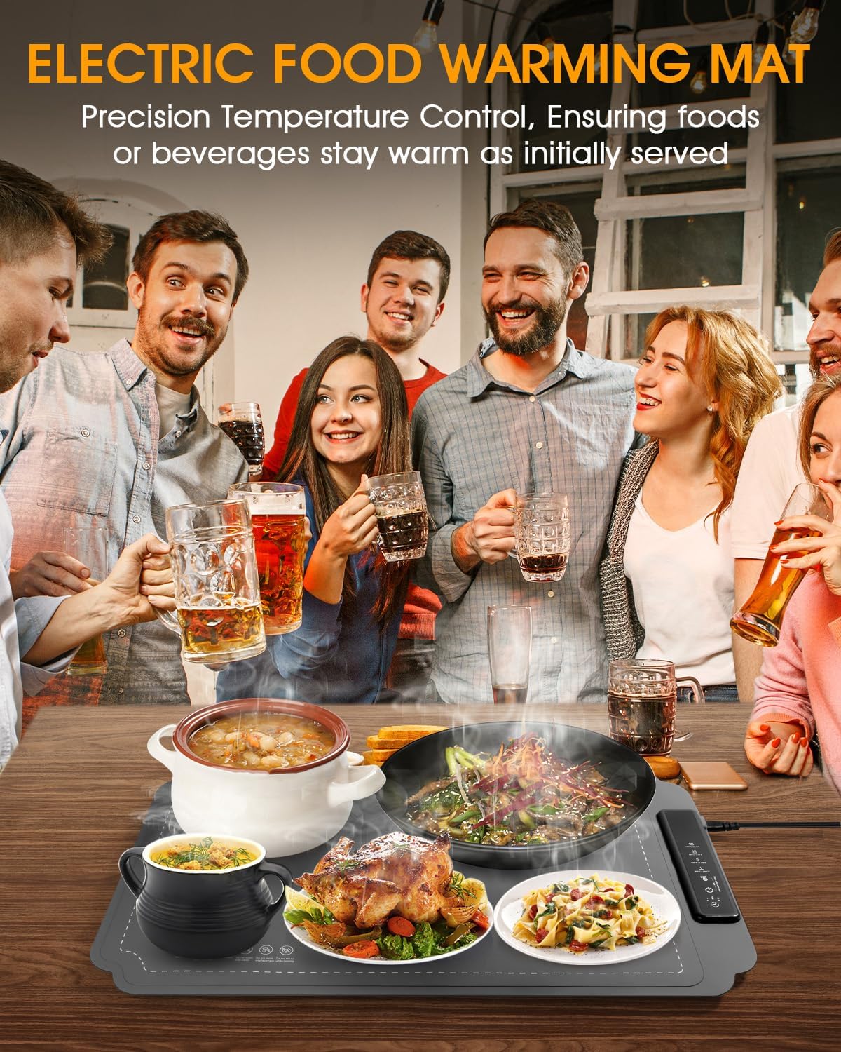 Electric Food Warming Mat with Timer & 4 Temp Levels – Portable, Rollable, Child Lock (Grey)