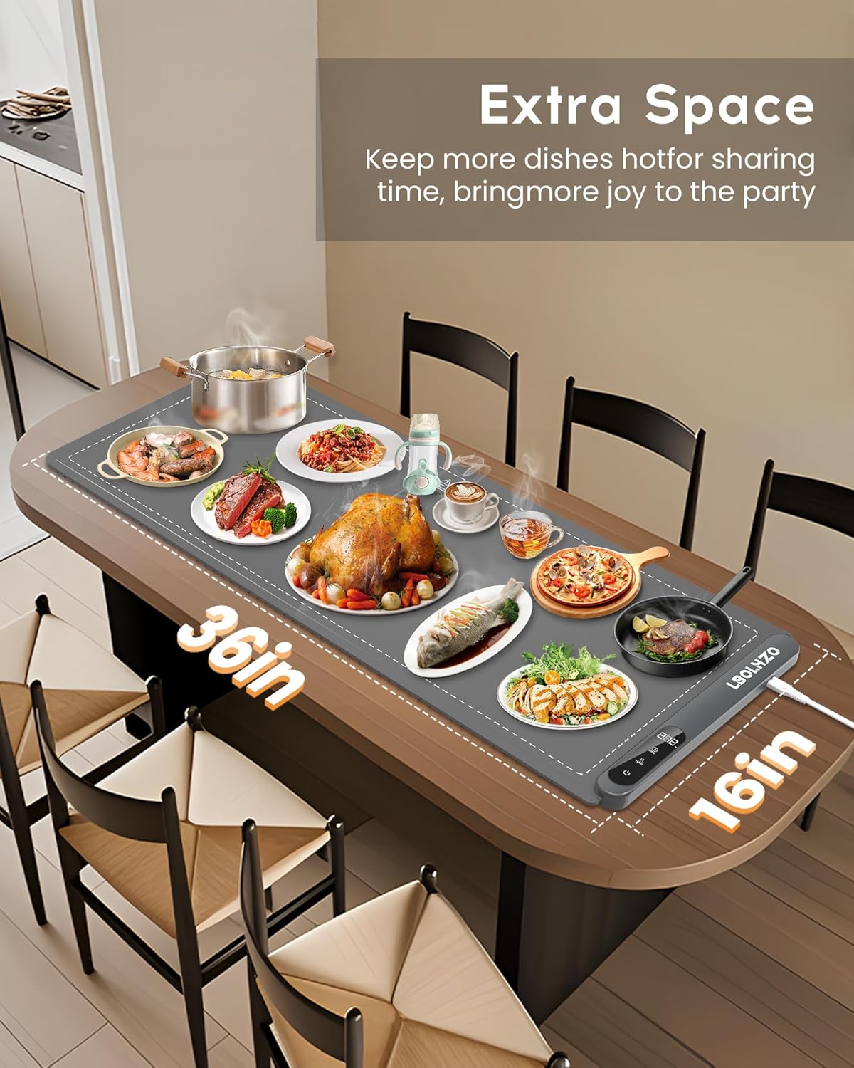 XL Electric Food Warming Mat 36"x16" 580W – 6 Temp Levels, 6H Timer, Buffet Heating Pad (Plus Grey)
