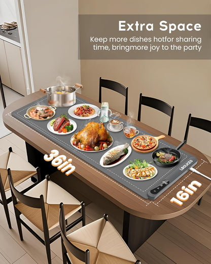 XL Electric Food Warming Mat 36"x16" 580W – 6 Temp Levels, 6H Timer, Buffet Heating Pad (Plus Grey)