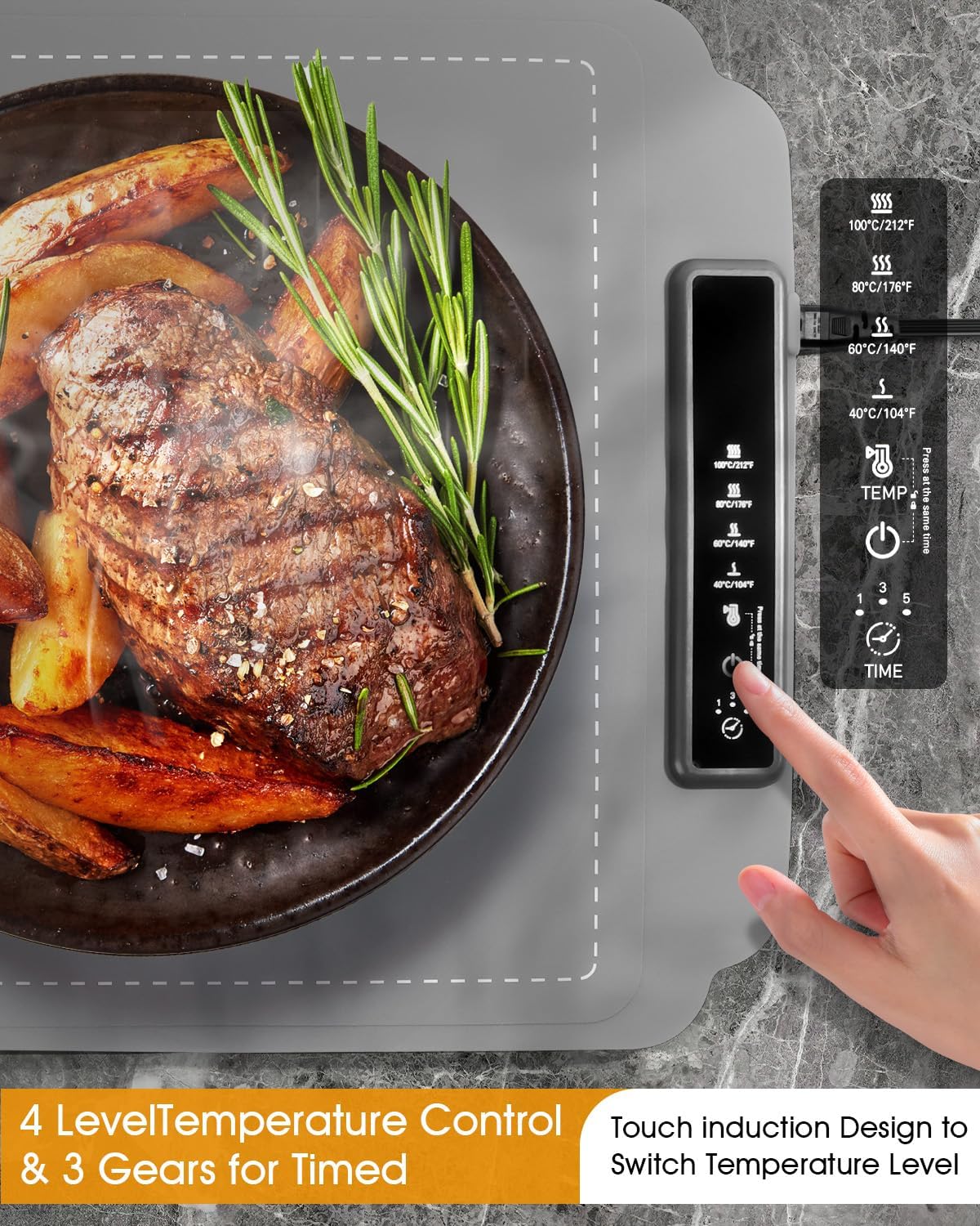 Electric Food Warming Mat with Timer & 4 Temp Levels – Portable, Rollable, Child Lock (Grey)