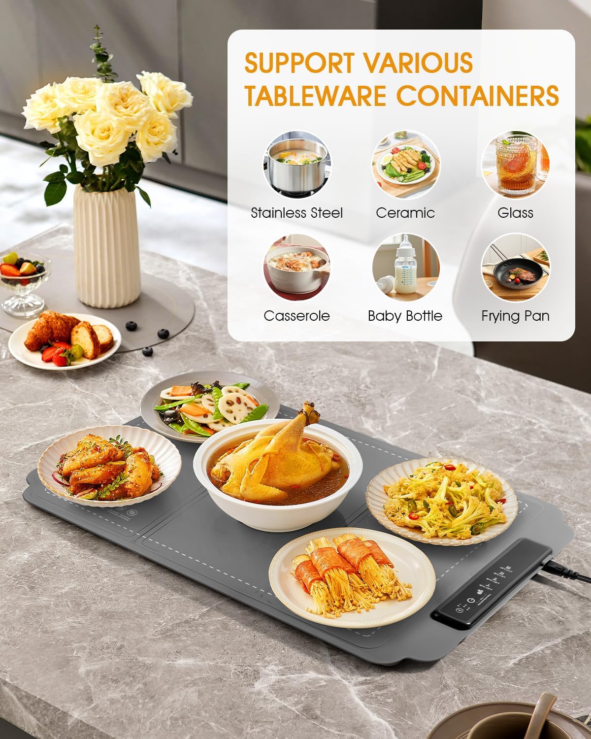 Electric Food Warming Mat with Timer & 4 Temp Levels – Portable, Rollable, Child Lock (Grey)