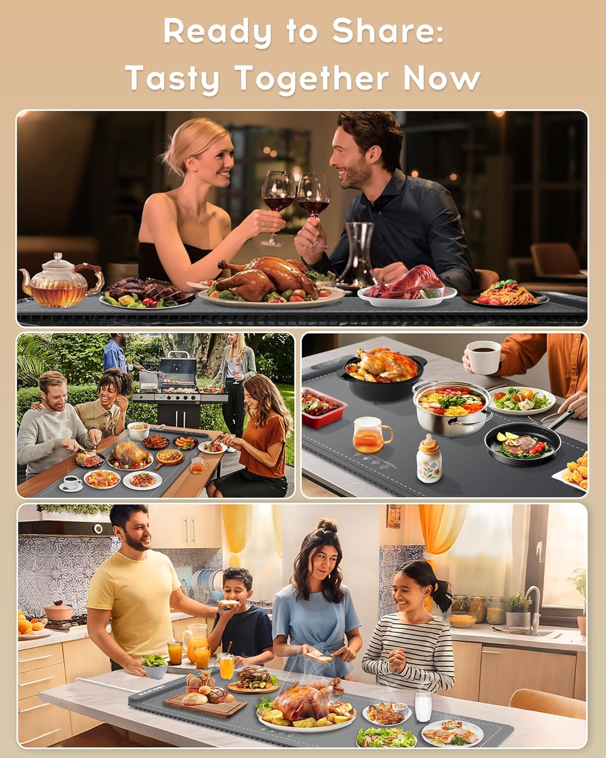 XL Electric Food Warming Mat 36"x16" 580W – 6 Temp Levels, 6H Timer, Buffet Heating Pad (Plus Grey)